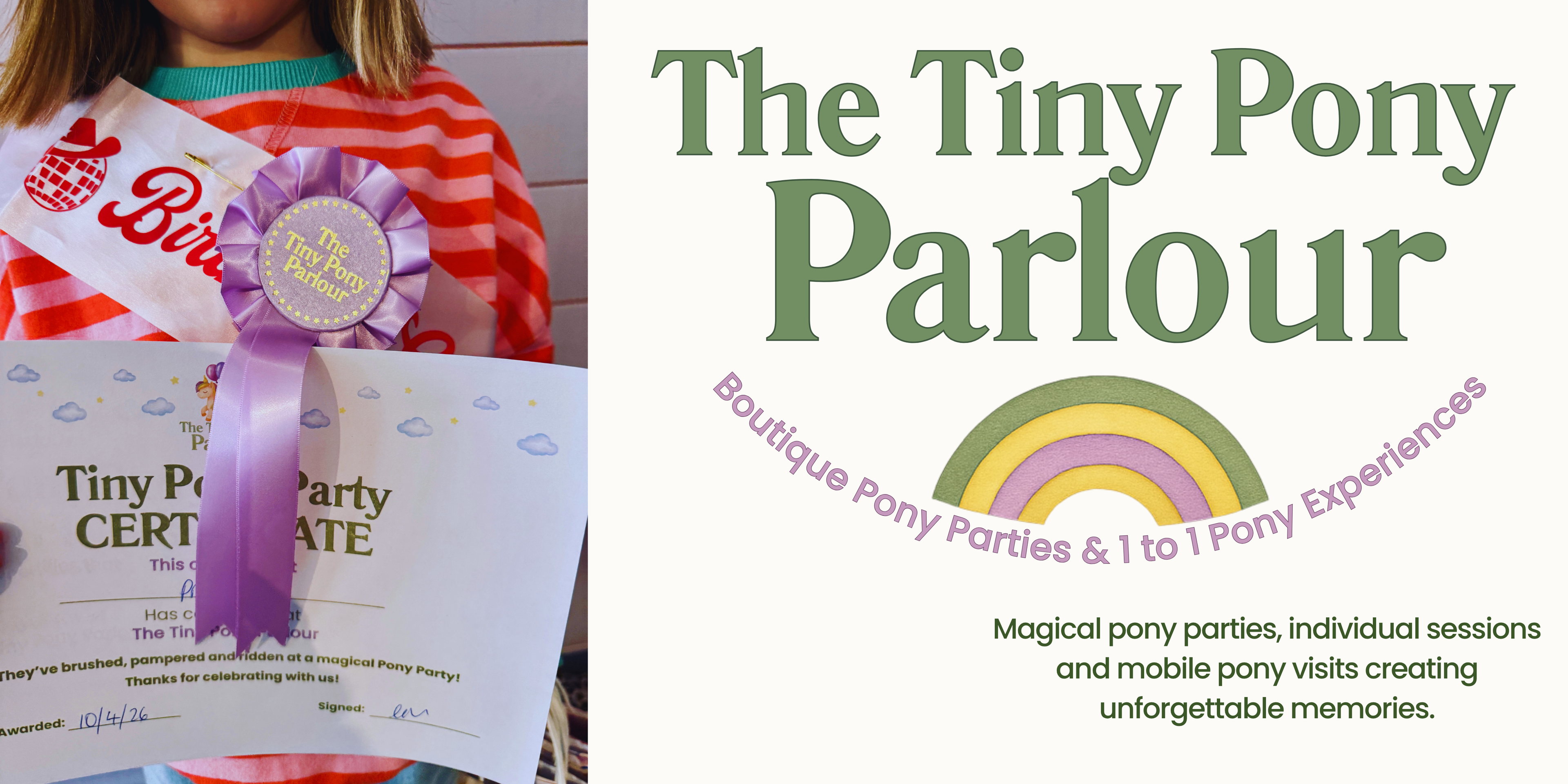 Promotional graphic for 'The Tiny Pony Parlour' featuring a child holding a party certificate and ribbon on the left, and branding text on the right against a white background.